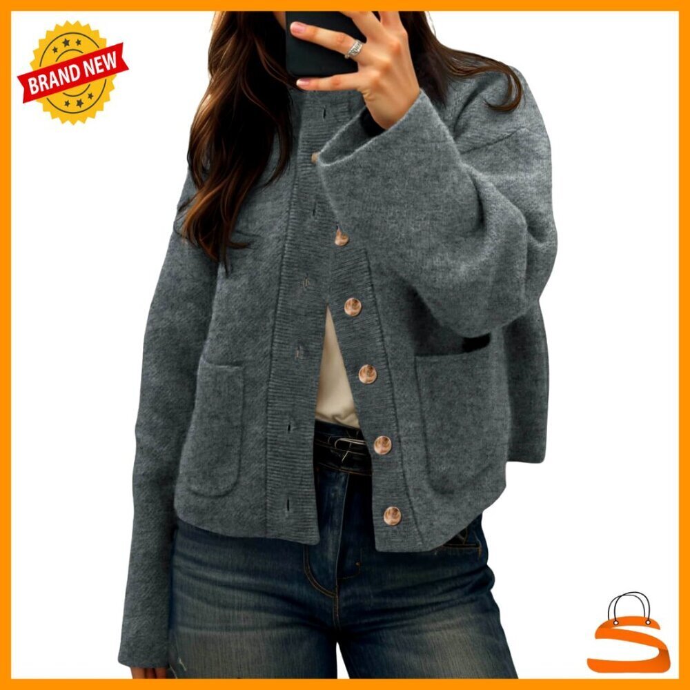 Chunky Knit Cardigan Sweater Mock Neck Open Front Casual Outerwear with Pockets
